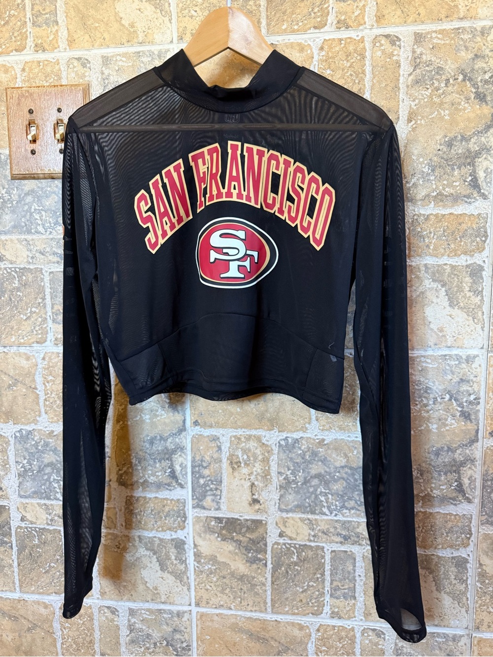 NFL San Francisco 49ers Women’s Black Sheer Long-Sleeve Logo Crop Top NWT XL
